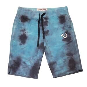 True Religion Tie Dye Sweat Shorts Teal Blue Horseshoe Logo Sz M Streetwear